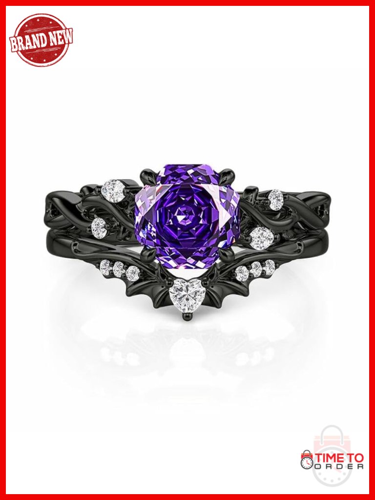 1.5ct Black Thorn Purple Rose Cut 925 Sterling Silver Gothic Bat Engagement